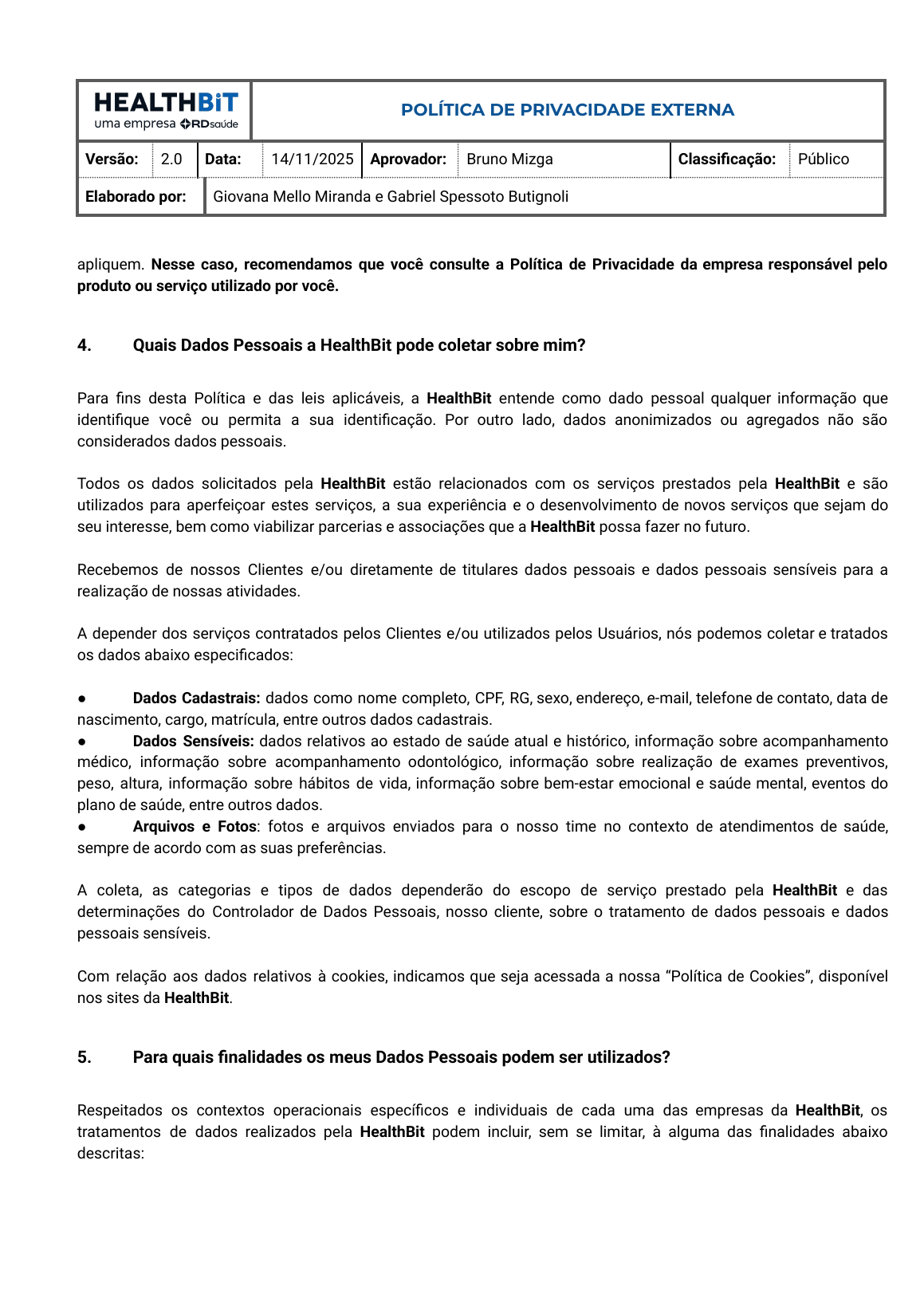Página da política preservada que descreve categorias de dados pessoais e sensíveis.