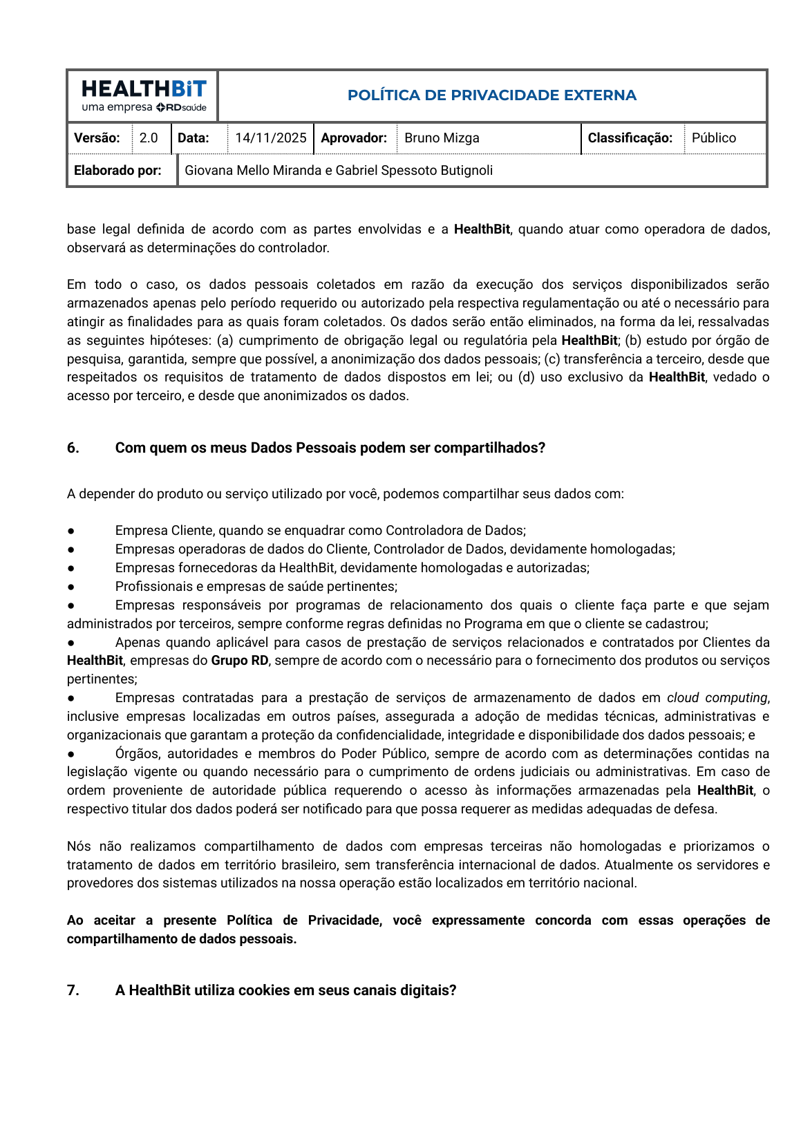 Página da política preservada com categorias de destinatários e cloud computing.